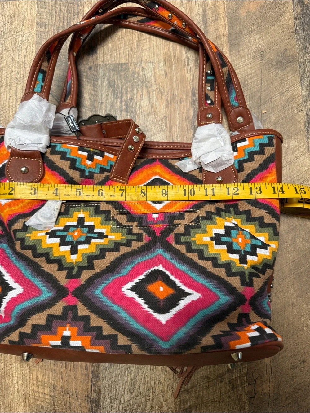 Montana West Brown Fringe Tote with Multicolor Aztec Pattern